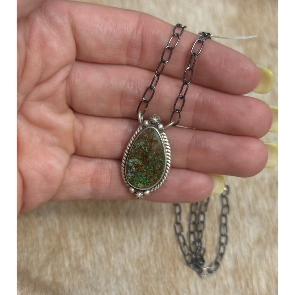 Native American Sterling Silver SW Catalina Turquoise Teardrop Bar Necklace 925